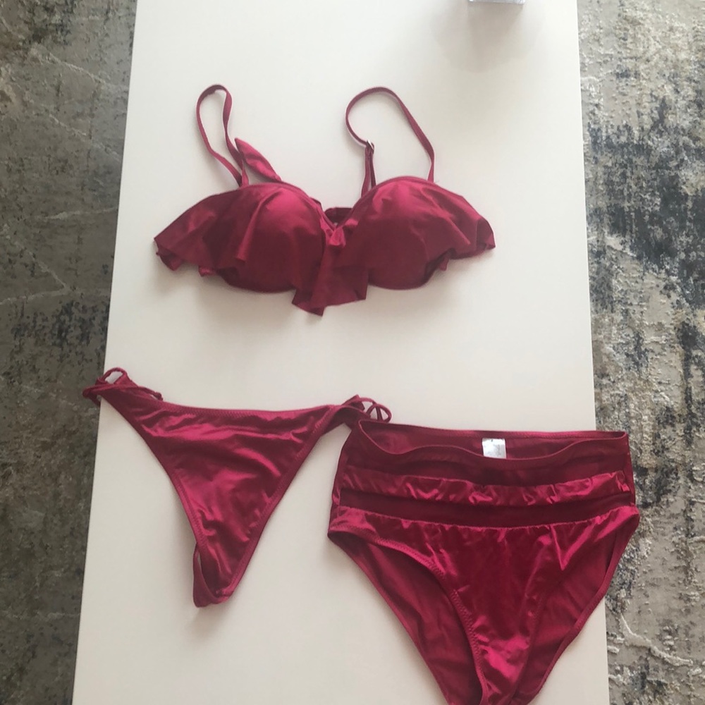 Red Shiny Bikini w/ thong & high waisted bottom!